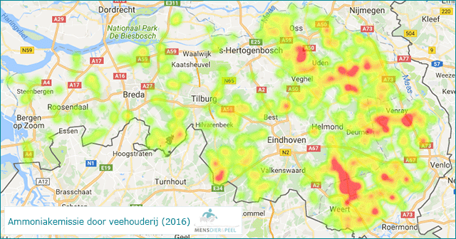 Ammoniakemissie_Brabant_Limburg_kaart_2016